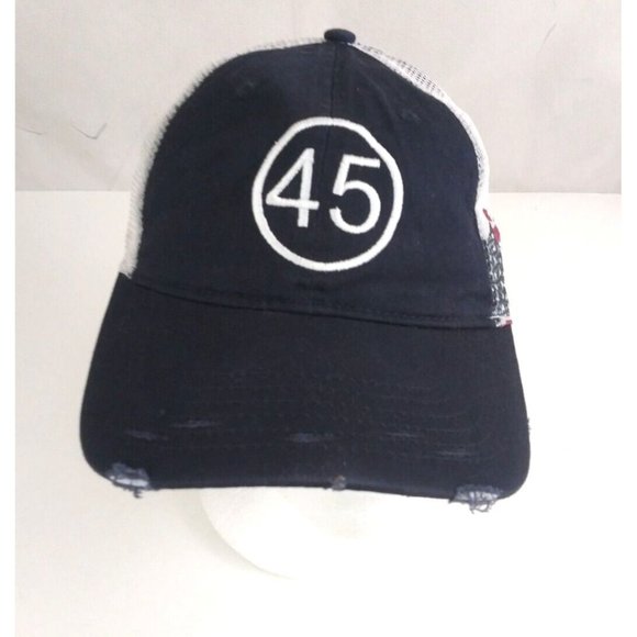 45 With USA Flag Frayed Mesh Back Navy Blue Unisex Embroidered Adj. Baseball Cap - Picture 2 of 6